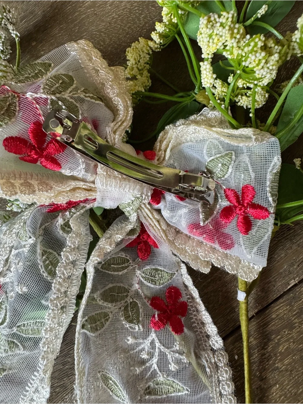 Embroidered Floral Lace Hair Bow in Red and Cream